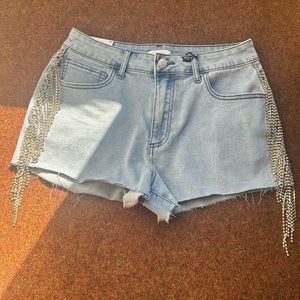 rhinestone-fringe denim shorts